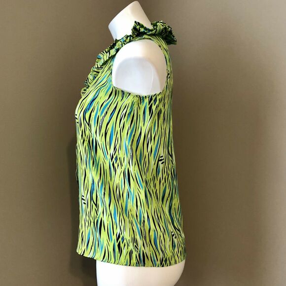 Lilly Pulitzer Silk Sleeveless Top 0 Green Blue Ruffle Button Front - Picture 2 of 11
